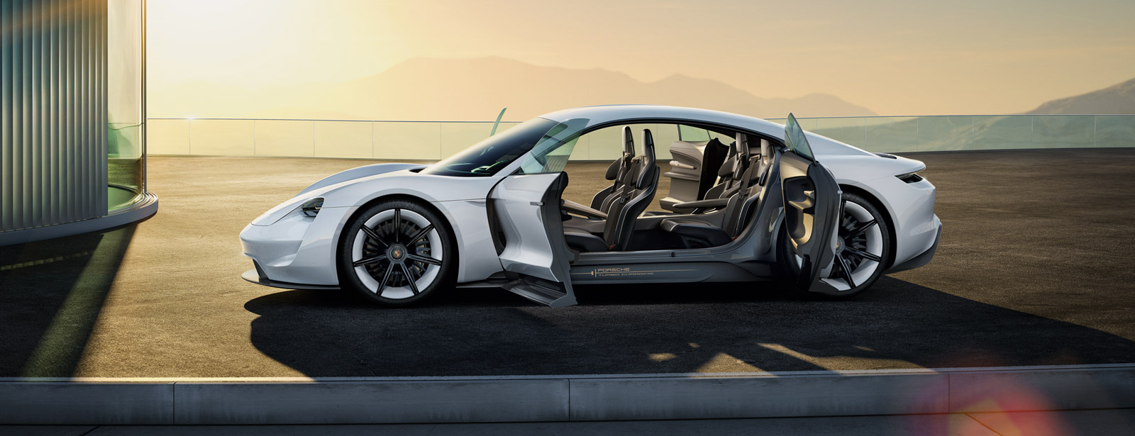 Porsche's Mission E sports sedan 2020 Rear-hinged doors open high-tech interior view