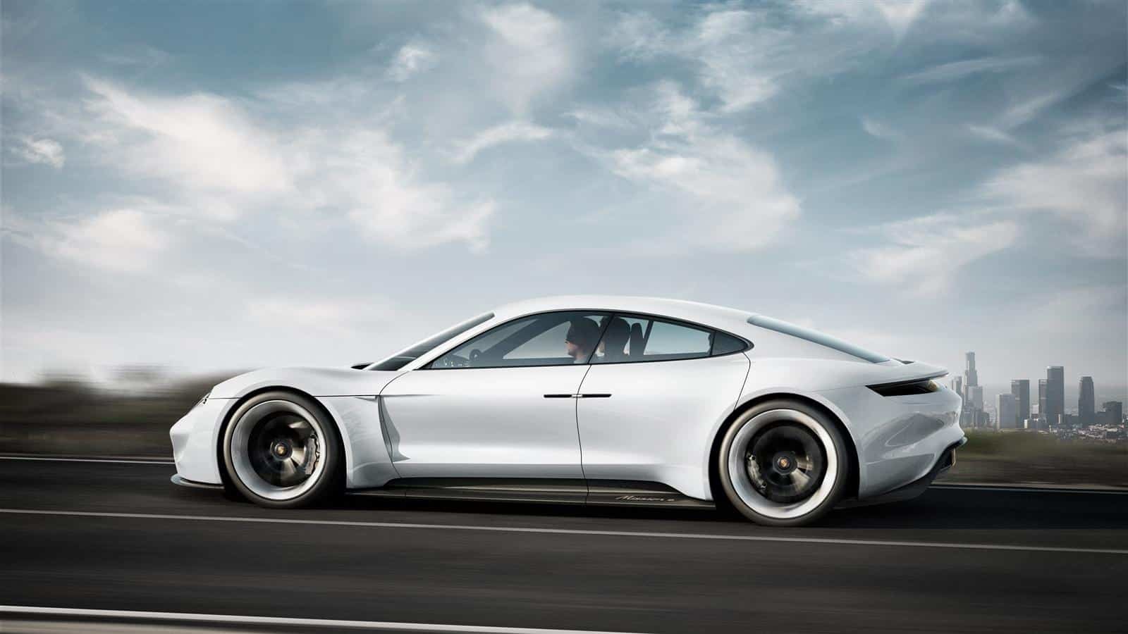 Porsche's Mission E sports sedan 2020 side view on road test drive spy shoot hd photos